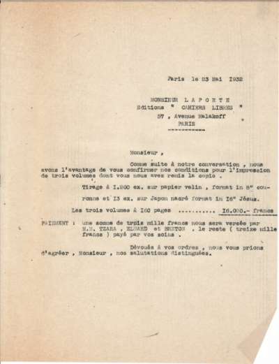 Lettre de l'Imprimerie Union, 23 Mai 1932. Confirmation d'impression