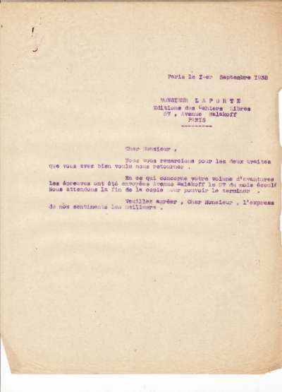 Lettre de l'Imprimerie Union, 31 août 1932 