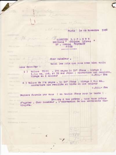 Lettre de l'Imprimerie Union, 28 novembre 1932