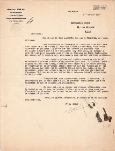 Lettre de l'avovat de René Laporte à l'Imprimerie Union, 17 janvier 1935