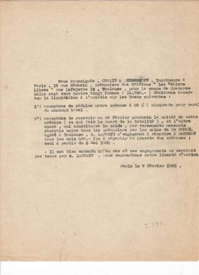 Lettre de l'Imprimerie Union à l'avocat de René Laporte, 7 février 1935
