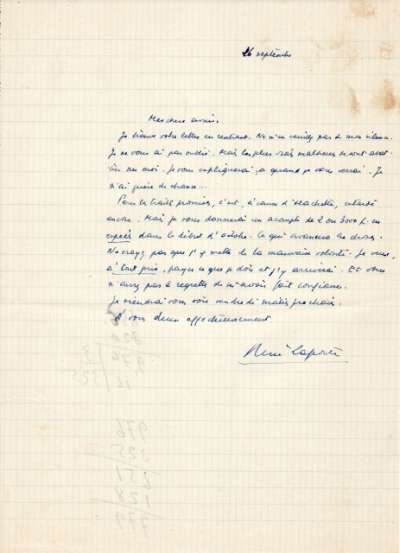 Lettre de René Laporte, 26 septembre (?)