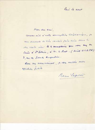 Lettre de René Laporte. S.D.