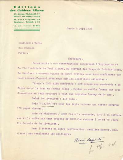 Lettre de René Laporte, 2 juin 1932. Impression des livres de Paul Eluard, Tristan Tzara et André Breton 