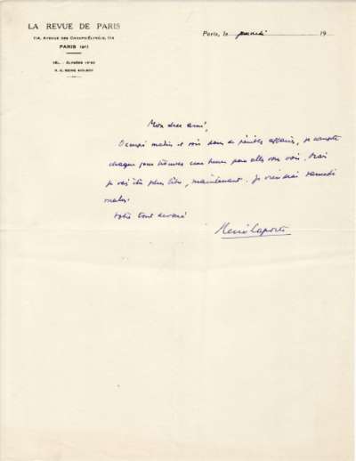 Lettre de René Laporte. S.D.