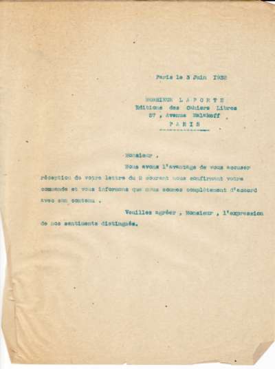 Lettre de l'Imprimerie Union, 3 juin 1932. Accord pour impression
