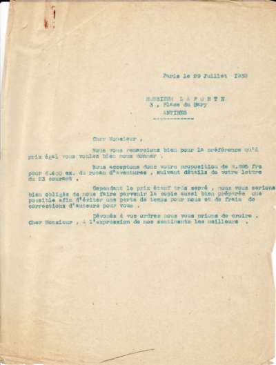 Lettre de l'Imprimerie Union, 29 juillet 1932. Lettre du devis