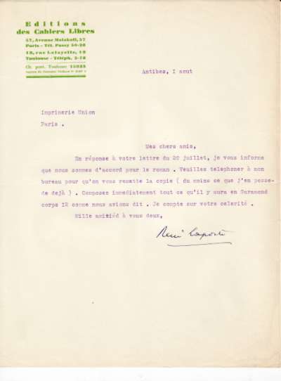 Lettre de René Laporte, 1 août 1932