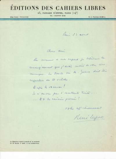 Lettre de René Laporte, 23 août 1932