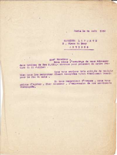 Lettre de l'Imprimerie Union, 24 août 1932
