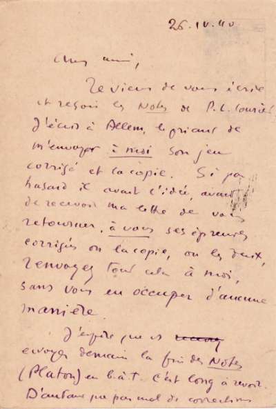 Lettre de Jacques Schiffrin, 26 avril 1940