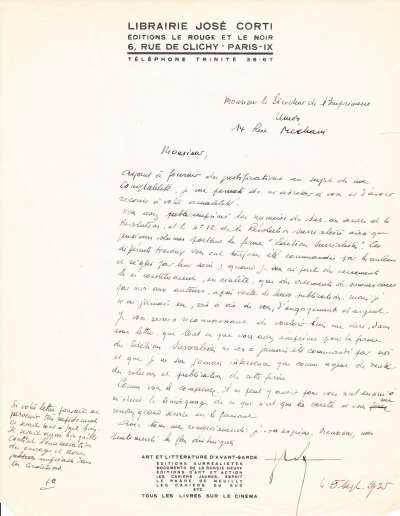 Lettre de José Corti, 5 septembre 1935