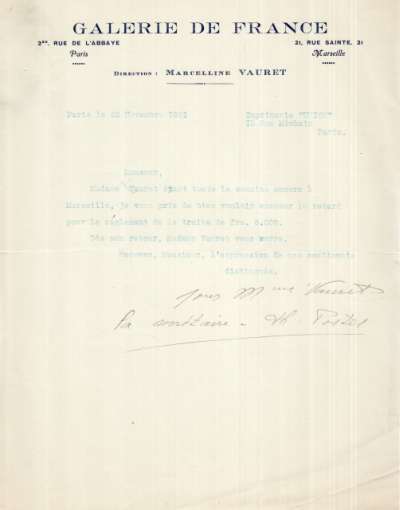 Lettre à en-tête de La Galerie de France, 23 novembre 1931