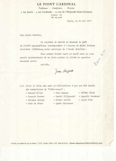 Lettre à en-tête du Point Cardinal signée Jean Hugues, 21 mai 1977