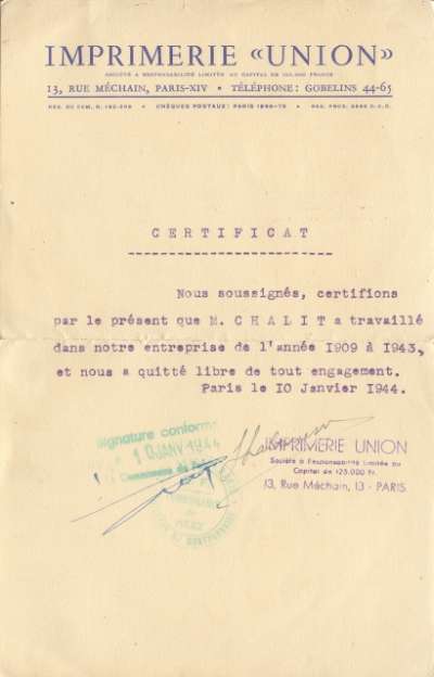 Certificat de départ de Volf Chalit de l'Imprimerie Union, 10 janvier 1944