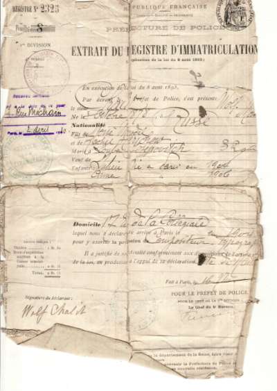Extrait du Registre d'Immatriculation de Volf Chalit, 2 avril 1910