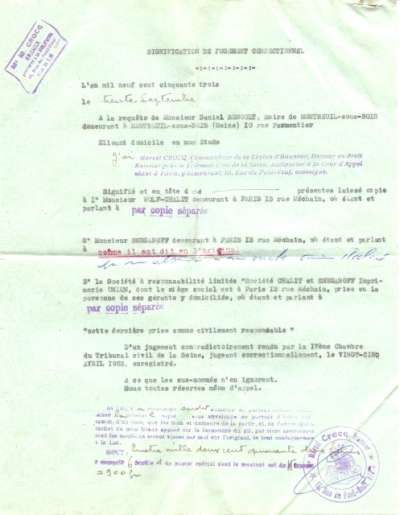 Affaire de Montreuil-Sous-Bois. Signification de jugement correctionnel, 30 septembre 1953. Page 1