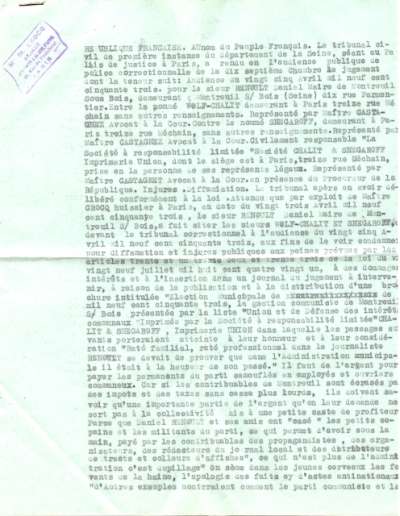 Affaire de Montreuil-Sous-Bois. Signification de jugement correctionnal. 30 septembre 1953. Page 2