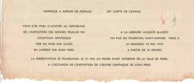 Carton d'invitation pour le vernissage de l'exposition du Courtisan Grotesque à la Librairie Auguste Blaizot, le vendredi 10 mai 1974