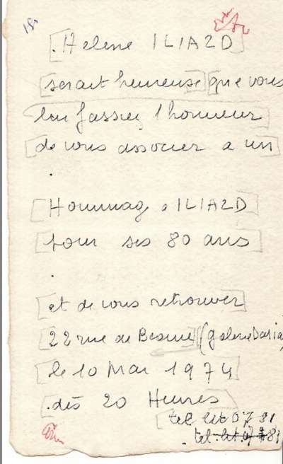Manuscrit d'Hélène Iliazd pour les 80 ans D'Iliazd