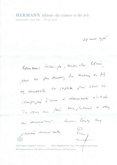 Lettre de Pierre Berès à Louis Barnier, 29 mars 1976