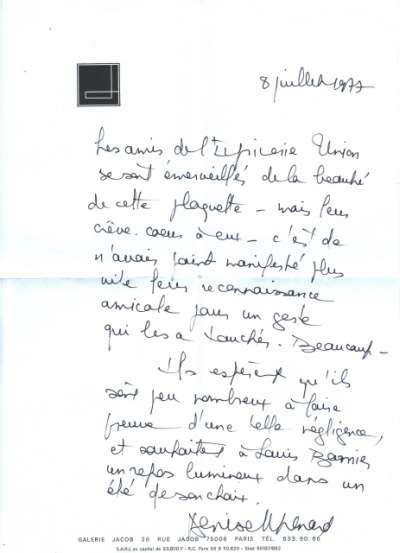 Lettre de Denise Renard à Louis Barnier, 8 juillet 1977