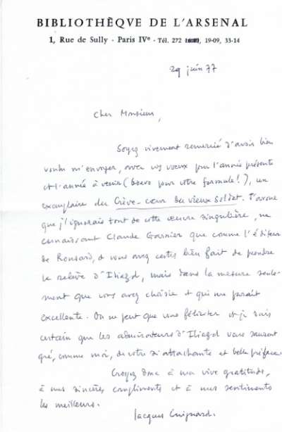 Lettre de Jacques Guinard à Louis Barnier, 29 juin 1977