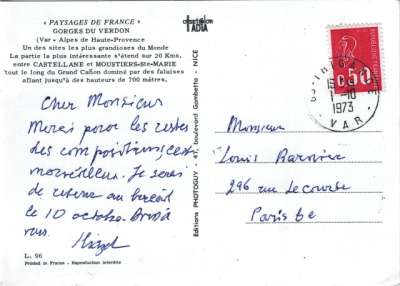 Carte postale d'Iliazd à Louis Barnier, 1er octobre 1973. Verso