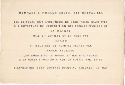 Carton d'invitation au vernissage de la Galerie Bignou, le 27 mai 1952
