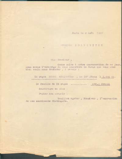 Devis du Ravissement adressée à Iliazd, 6 août 1929