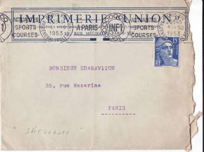 Lettre de Dimitri Snégaroff à Iliazd, 1er octobre 1953. Enveloppe