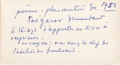 Lettre de Dimitri Snégaroff à Iliazd, 1er octobre 1953. Annotation de main inconnue