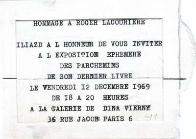 Epreuve du carton d'invitation pour le vernissage à la Galerie Dina Vierny, le 12 décembre 1969