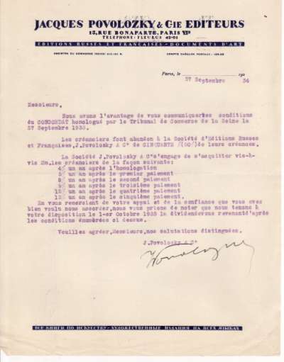 Lettre de Jacques Povolozky, 27 septembre 1934