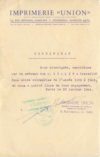 Certificat de travail de Chalit délivré par l'Imprimerie Union, 10 janvier 1944