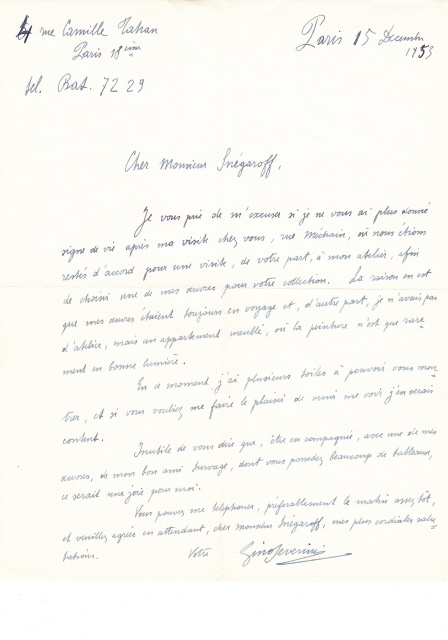 Lettre de Gino Severeni à Dimitri Snégaroff, 15 décembre 1953. Archives Snégaroff