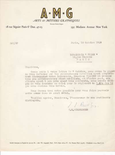 Lettre de Mr Riedberger à l'Imprimerie Union, 18 octobre 1939