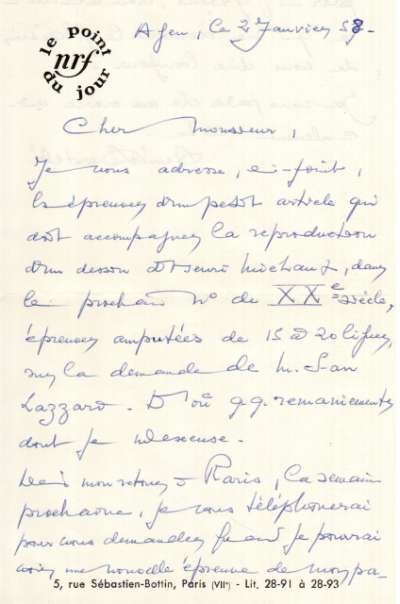 Lettre de René Bertelé à Louis Barnier, 27 janvier 1958