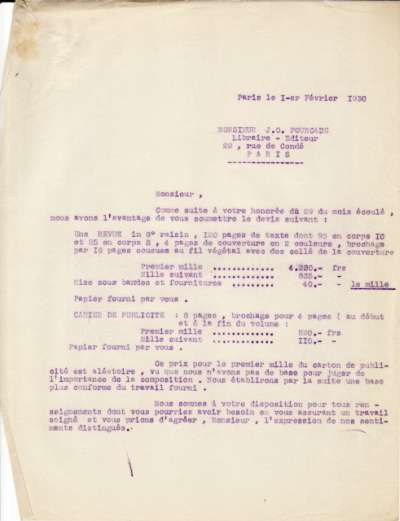 Lettre de l'Imprimerie Union, 1er février 1930