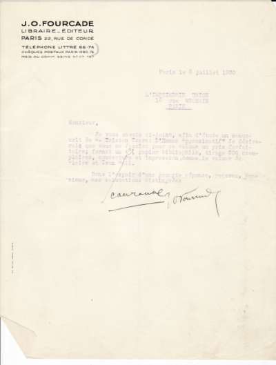 Lettre de Dominique Fourcade, 8 juillet 1930
