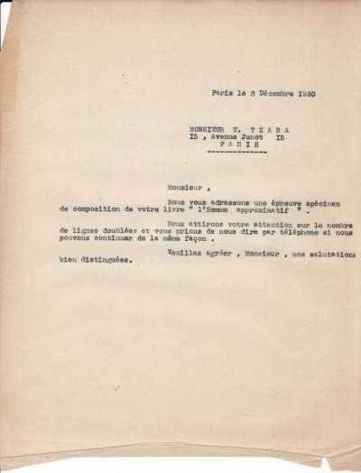 Lettre de l'Imprimerie Union, 8 décembre 1930
