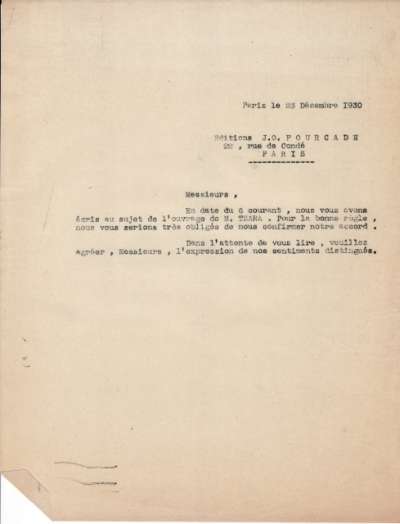 Lettre de l'Imprimerie Union, 23 décembre 1930