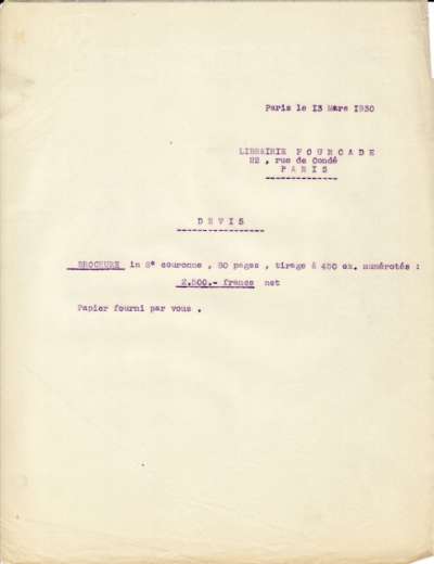 Devis de l'Imprimerie Union, 13 mars 1930