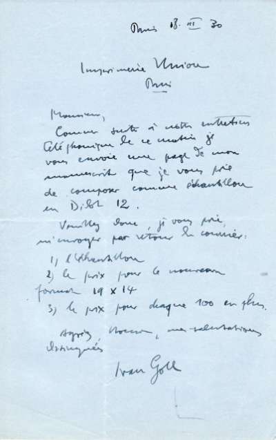 Lettre d'Ivan Goll, 18 mars 1930