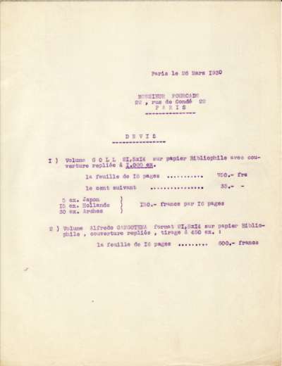 Devis de l'Imprimerie Union, 26 mars 1930