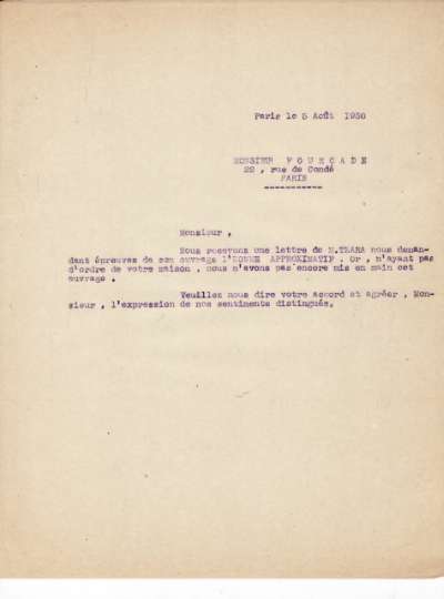 Lettre de l'Imprimerie Union, 5 août 1930