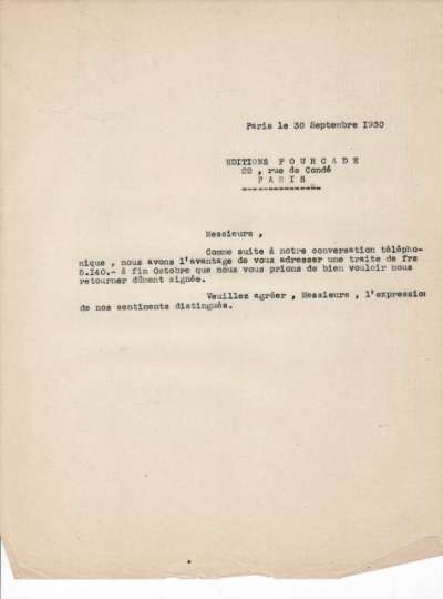 Lettre de l'Imprimerie Union, 30 septembre 1930