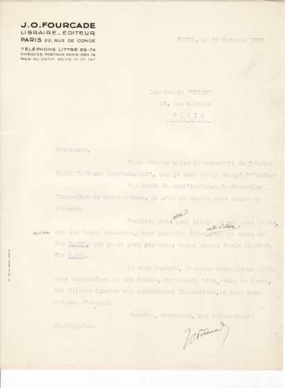 Lettre du 27 octobre 1930 de Dominique Fourcade