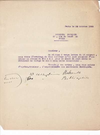 Lettre du 28 octobre 1930 de l'Imprimerie Union