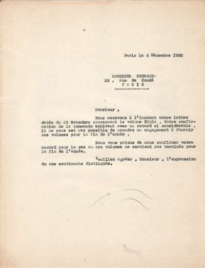 Lettre de l'Imprimerie Union, 6 décembre 1930